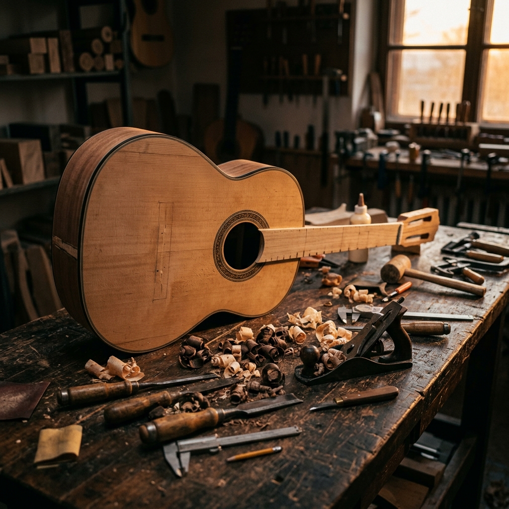 Unfinished Spanish acoustic guitar on workbench